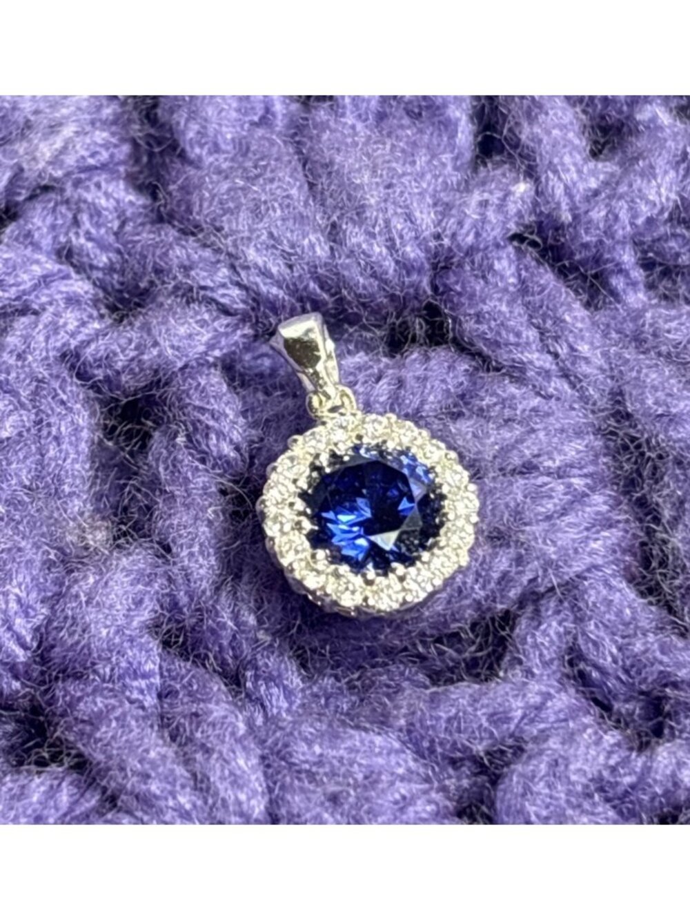 Purple Rhinestone Pendant Clear Rhinestone Halo Silvertone 0.5 inch